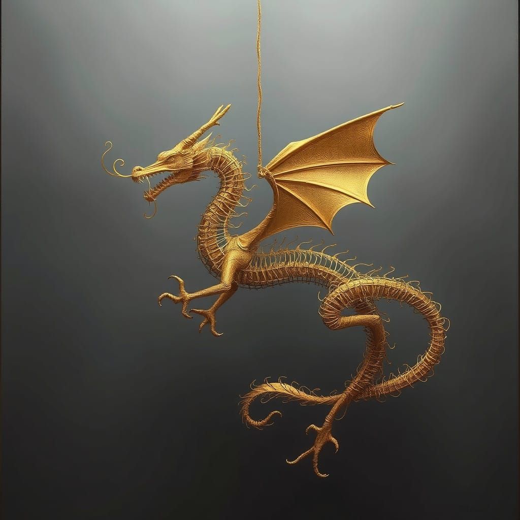 Ethereal Wire Dragon Sculpture in Dreamlike Surrealist Setti...