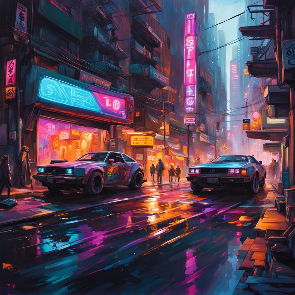 Cyberpunk City Street Scene with Graffiti Art