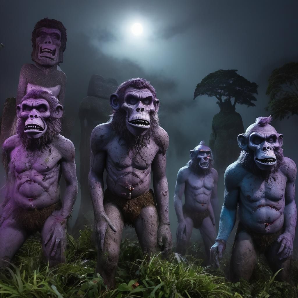 Zombie Monkey Clown Easter Island Statues in Jungle