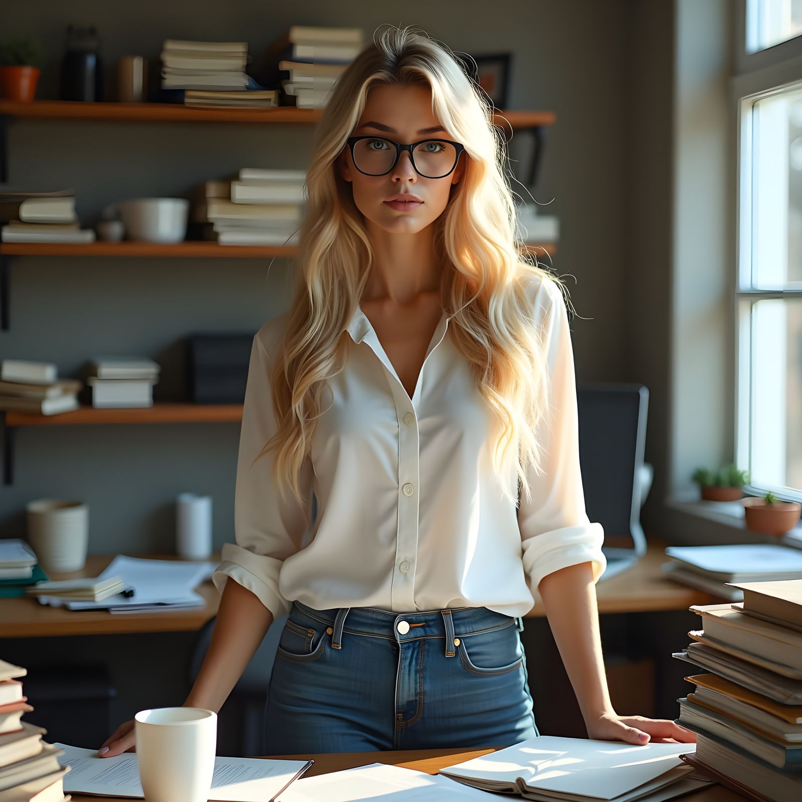 Blonde Woman in Office Wearing Glasses