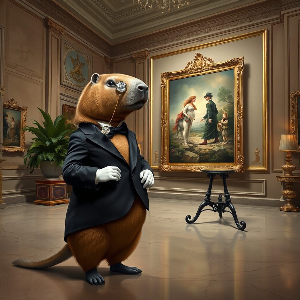 Hyper-Realistic Capybara in an Opulent Art Gallery
