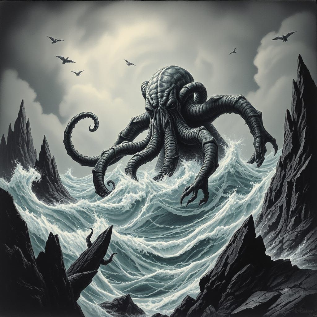 Cthulhu Emerges From Stormy Depths Amidst Ancient Ruins