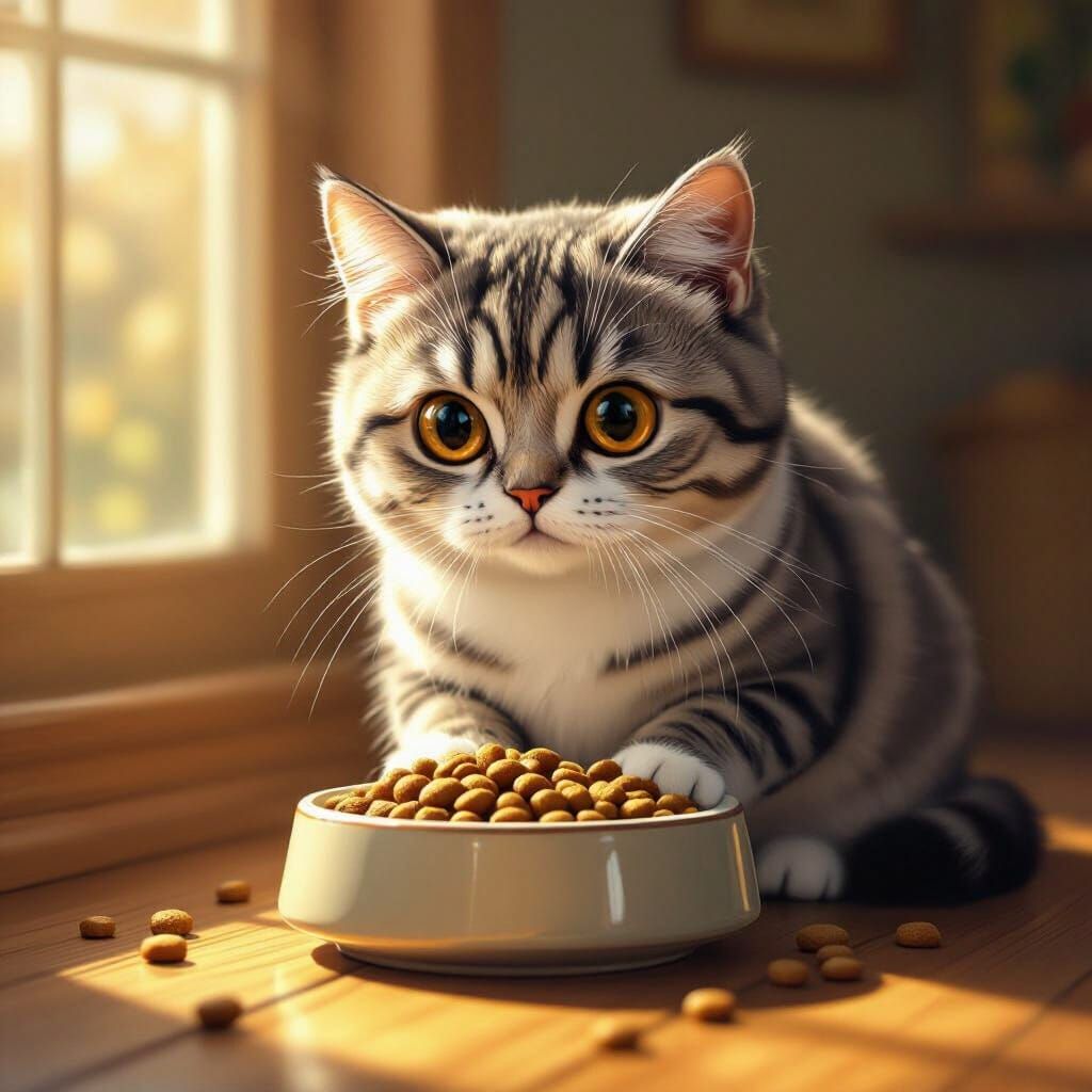 Cute American Shorthair Cat Focused on Food Bowl