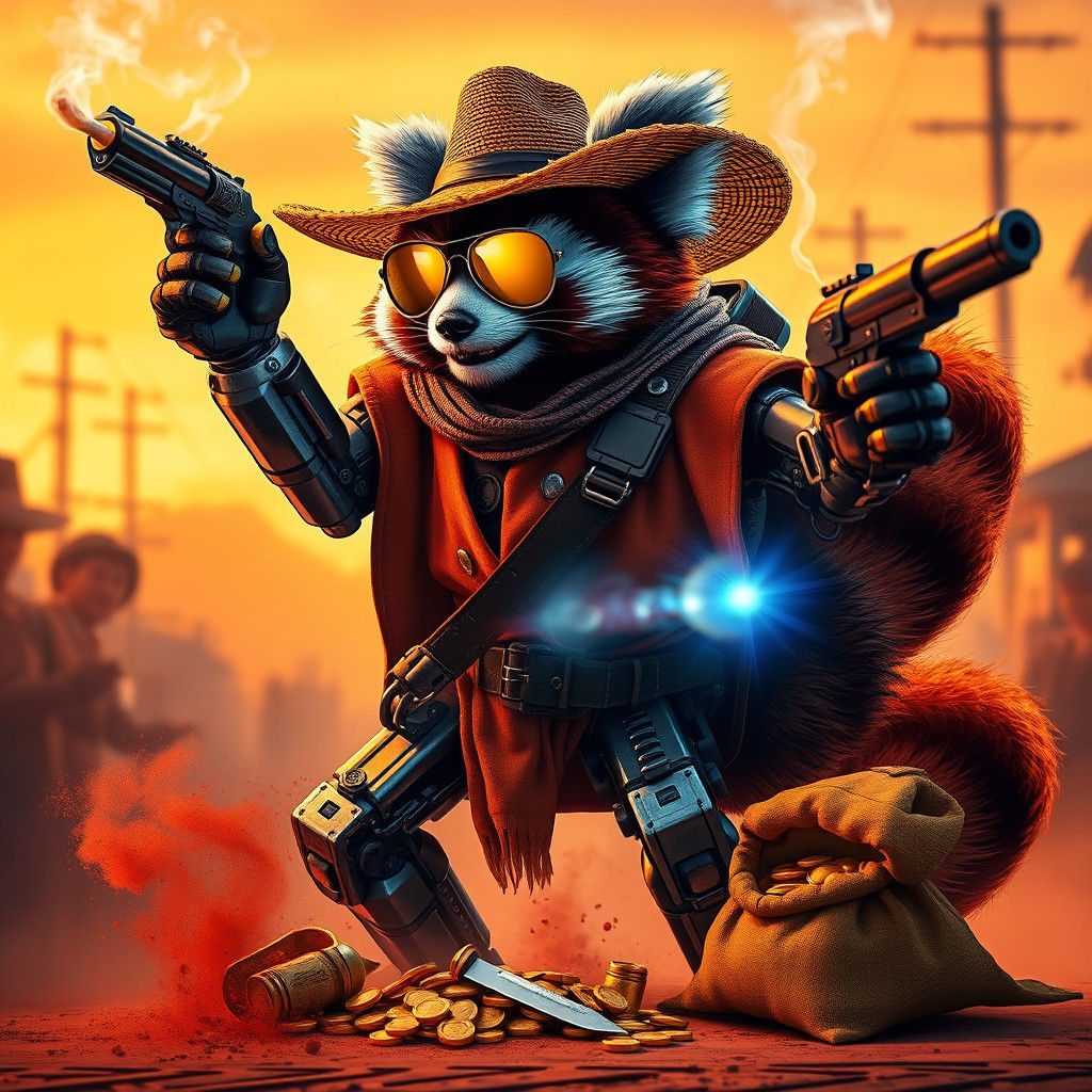 Red Panda Robot Cowboy Victorious After Duel