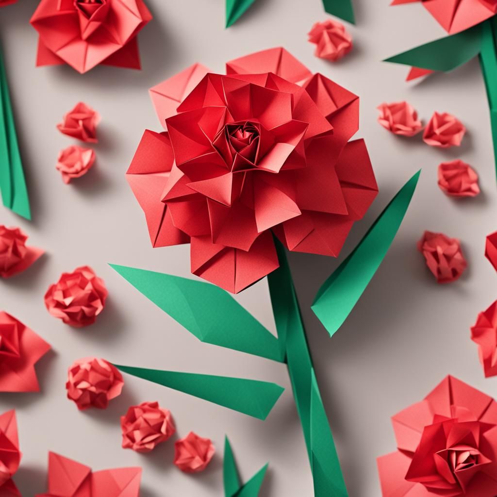 Origami Red Carnation Papercraft Drawing