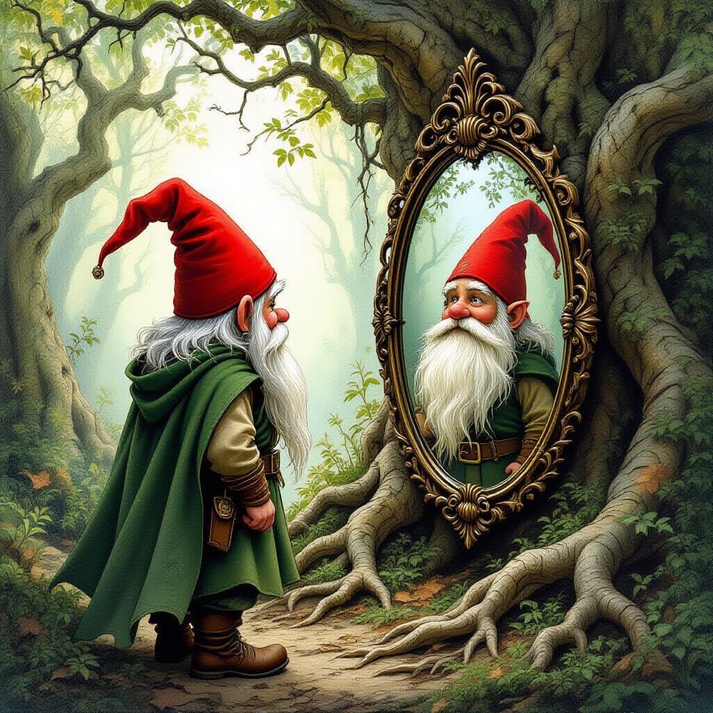Gnome Gazing in Mirror Amidst Mystical Forest