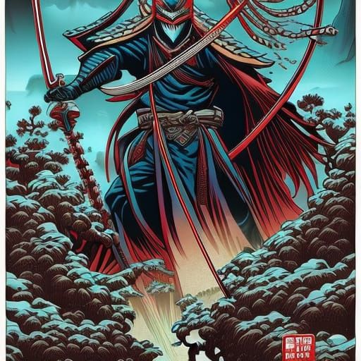 Octopus Samurai in Style of Hokusai Comic Art