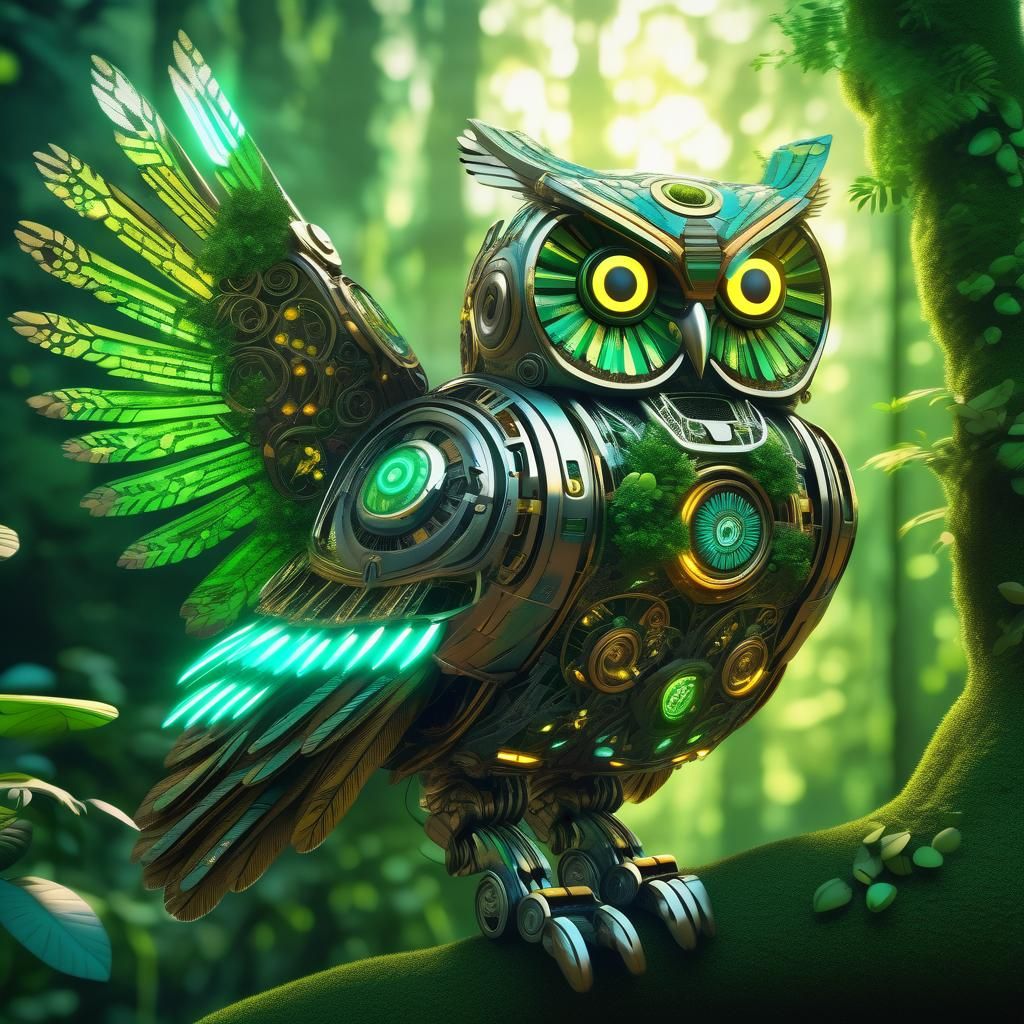 Biopunk Android Owl in Lush Rainforest