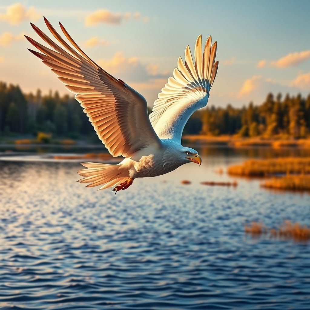 Majestic White Eagle in Flight Over Serene Lake