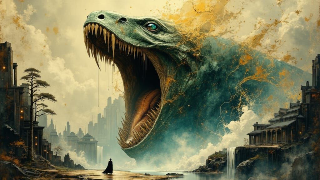 Colossal Maw Devours Village in Dynamic Fantasy Art Style