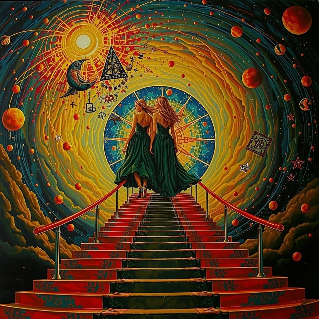 Three Sisters Ascend Celestial Staircase in Vivid Style