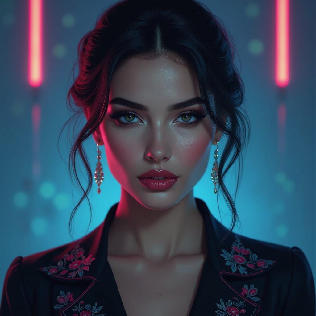 Enigmatic Woman Portrait in Chiaroscuro Cyberpunk Style