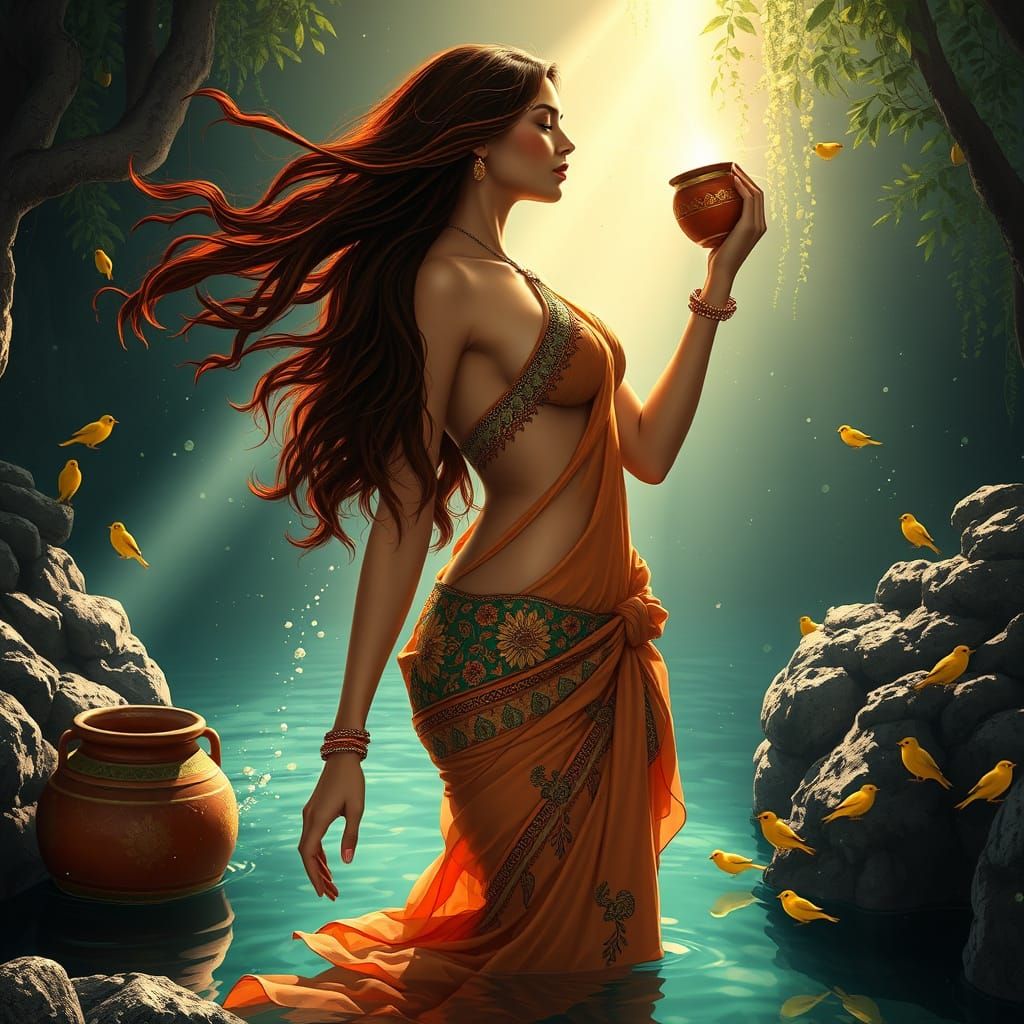 Sensual Goddess in Nebula Oasis: Art Nouveau Style