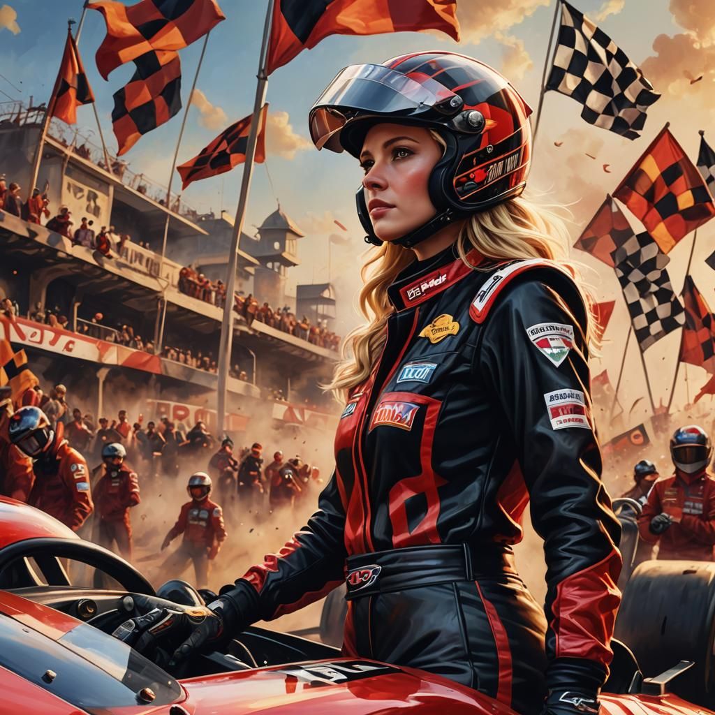 Blond Race Car Driver in Vibrant Oil Painting