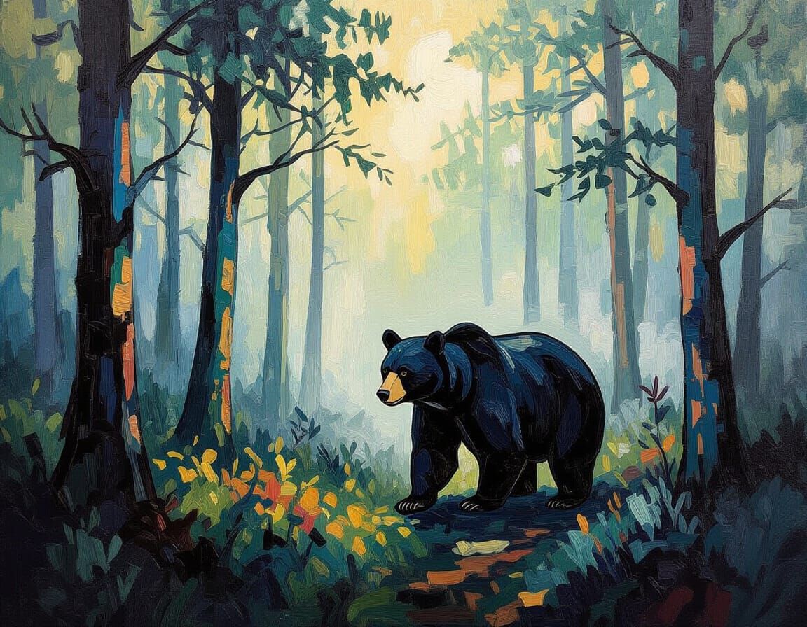 Black Bear in Misty Forest: Neo-Expressionist Oil Painting