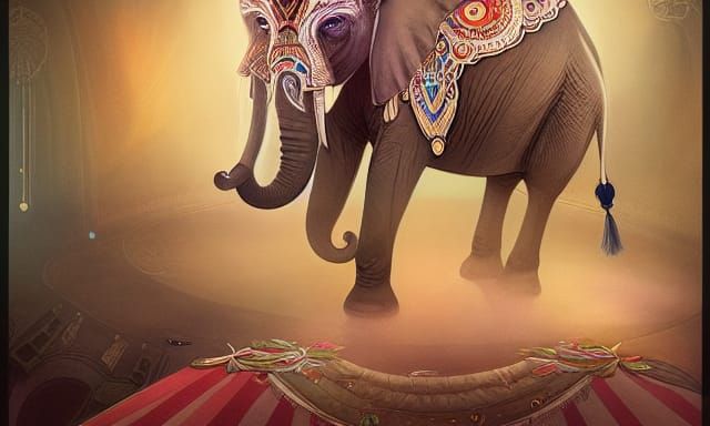 Woman Rides Elephant in Ornate Circus Tent