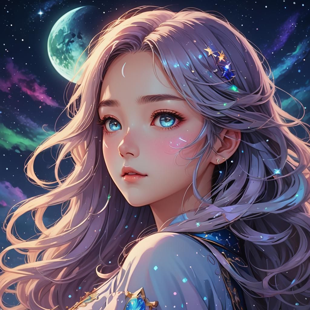 Anime Girl Portrait with Crescent Moon Symbol