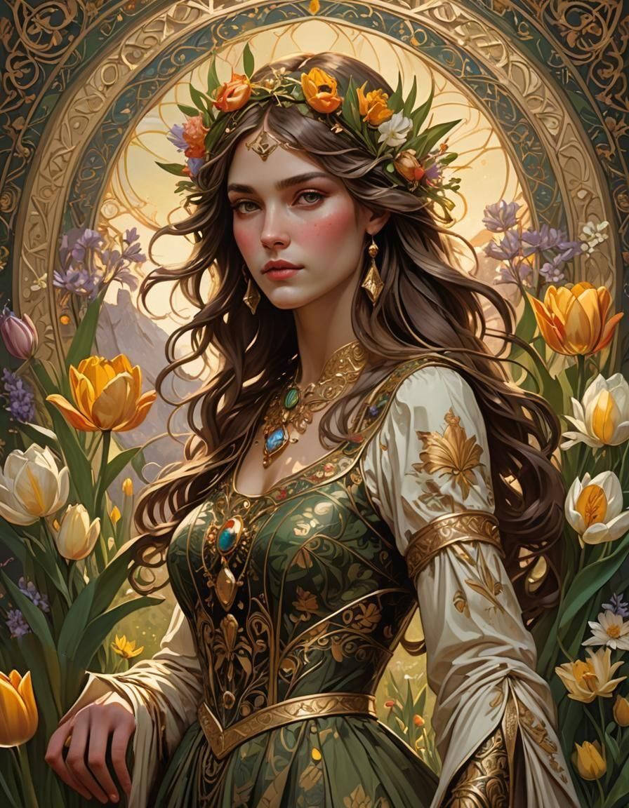 Goddess Ostara with Flower Bouquet in Spring Landscape