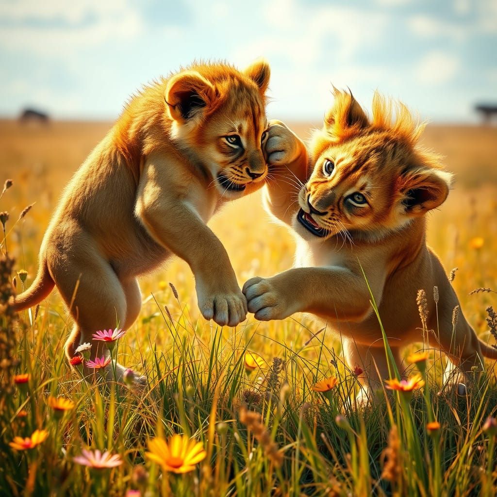 Golden Cubs Transform into Majestic Lions in Vibrant Play-Fi...