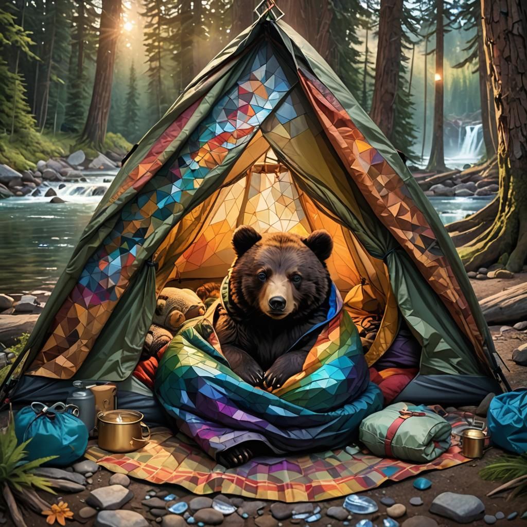 Camping Adventure: Bear Cub and Kid in Tent