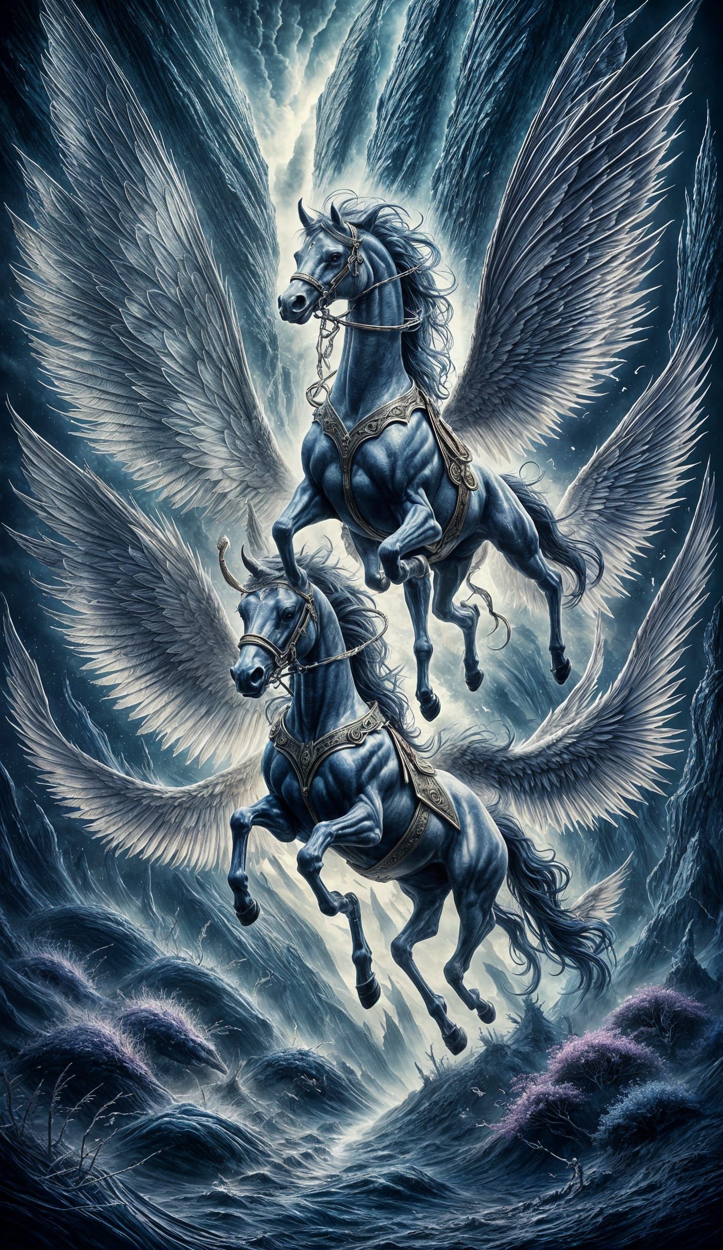 Surreal Horse with Glowing Wings in Dreamlike Landscape