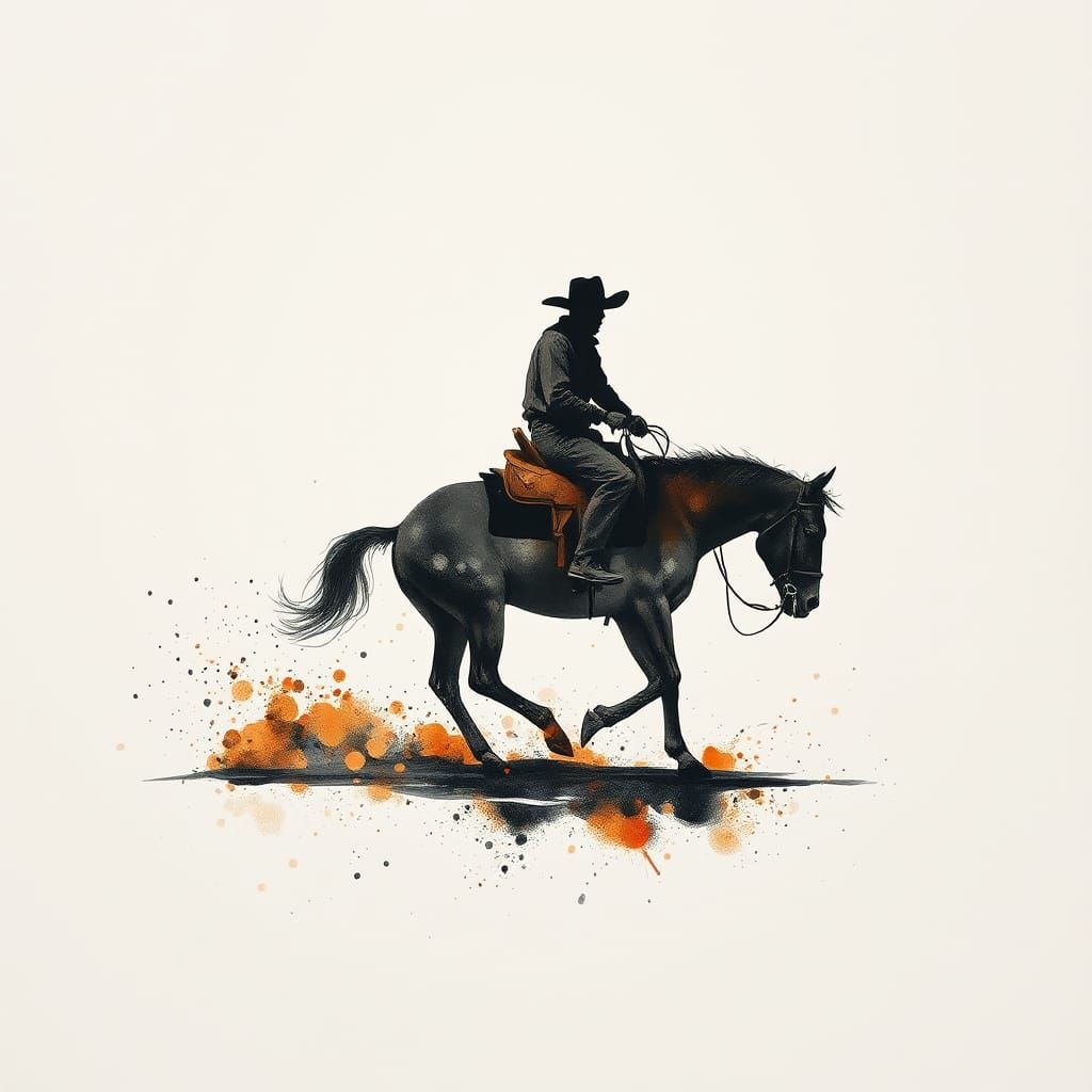 Cowboy Silhouette in Gouache Ink Splatter Style