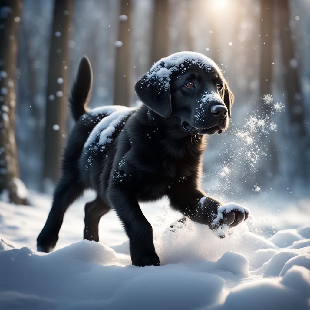 Black Lab Puppy Plays in Snow
