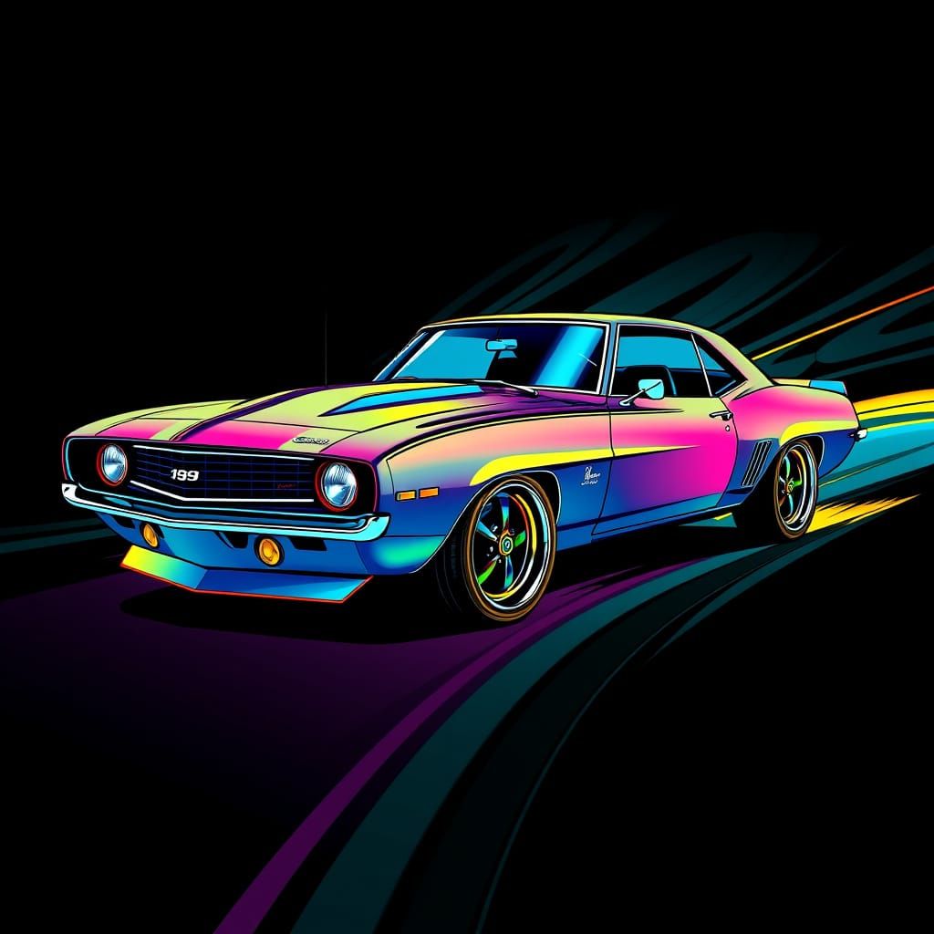 Sleek Futuristic Camaro Graphic Design in Op Art and Bauhaus...