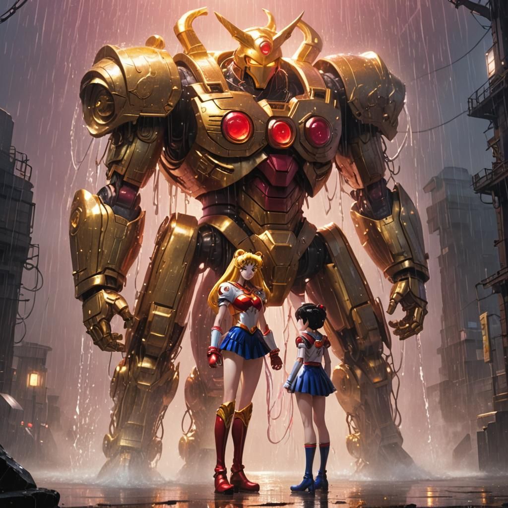 Sailor Moon and Steampunk Golem in Fiery Anime Art