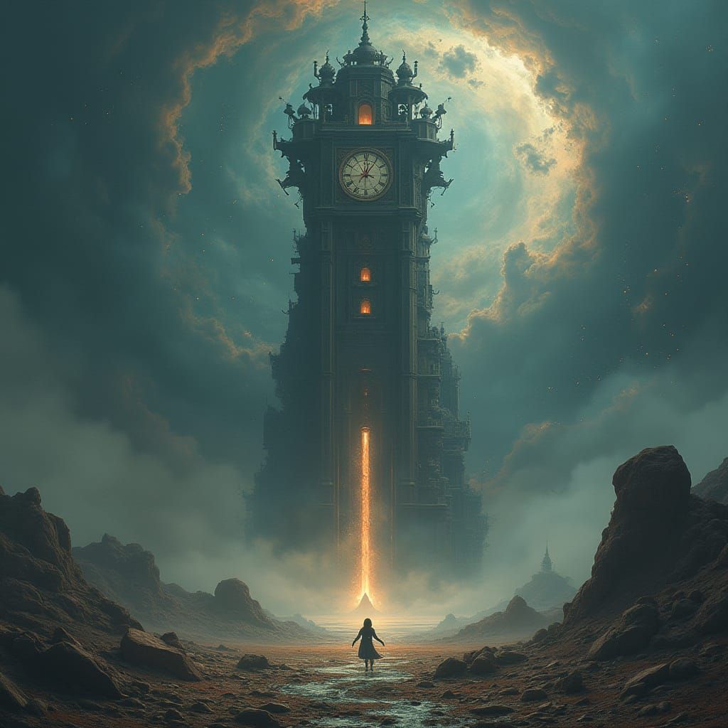 Colossal Clock Tower in Surreal Nebula Sky