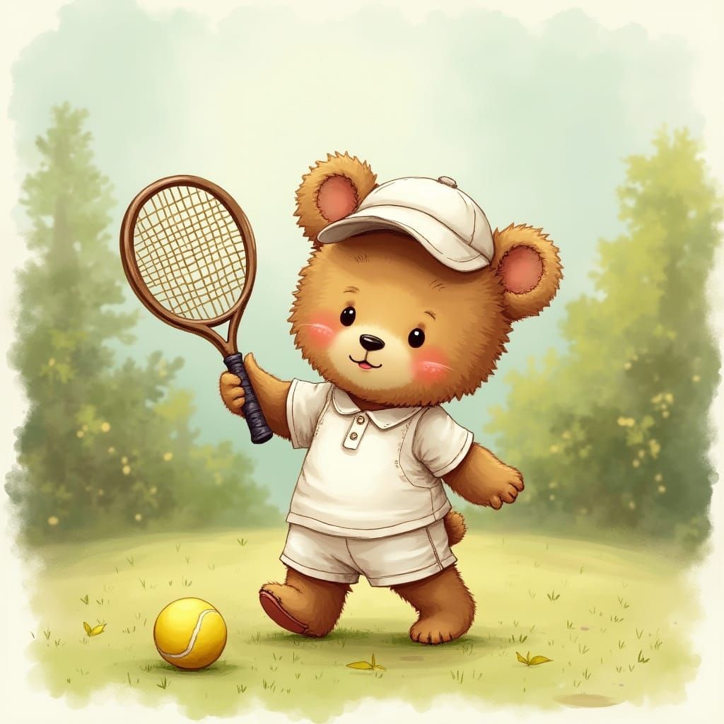 Tennis Bear in Beatrix Potter Style