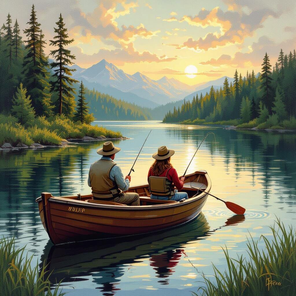 Fishing on Serene Lake in Landscape Painting Style