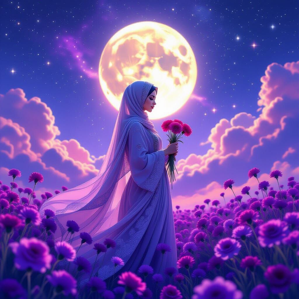 Woman in Hijab with Flowers Under Nebula Sky