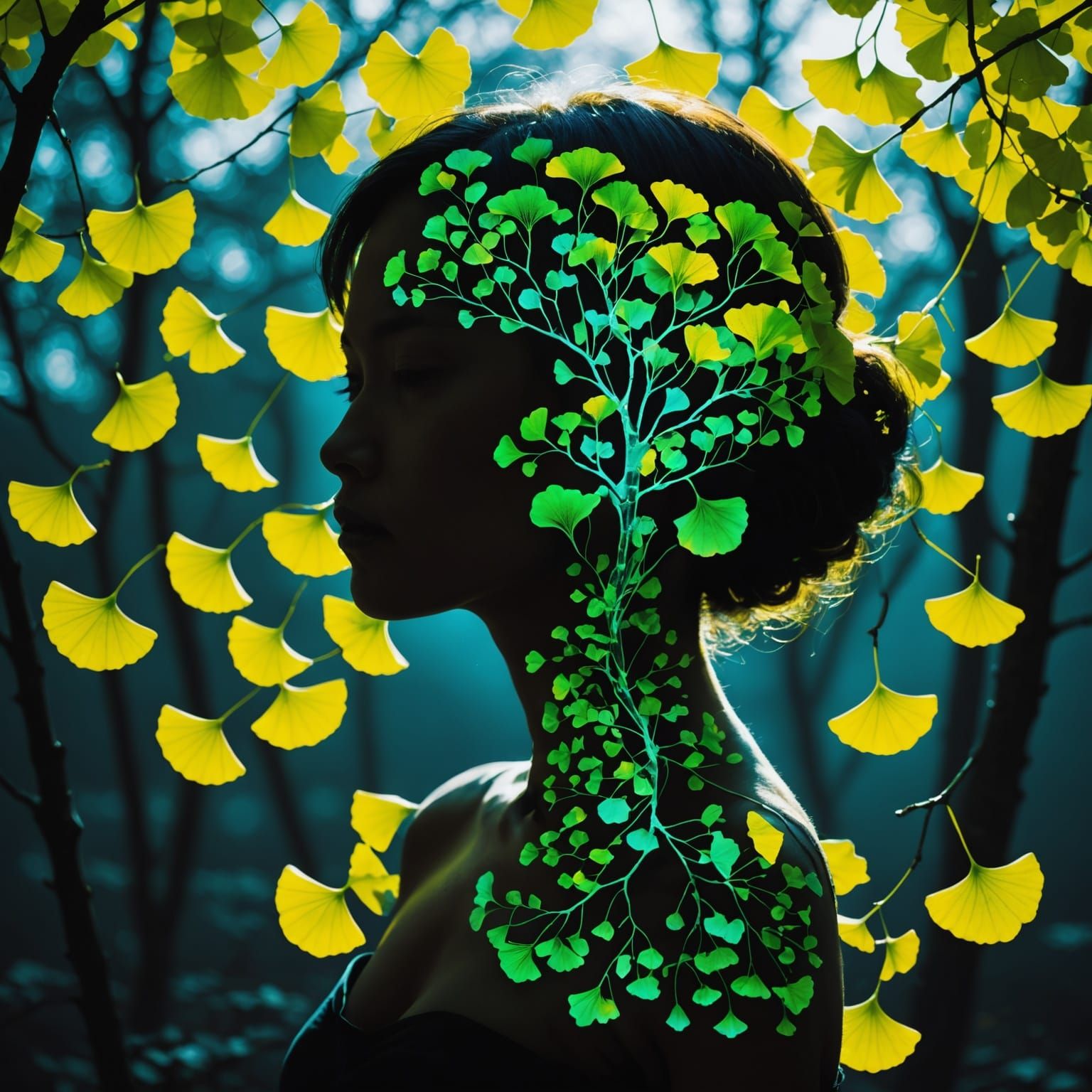 Glowing Silhouette Gingko Tree with Jewel Leaves Goddess
