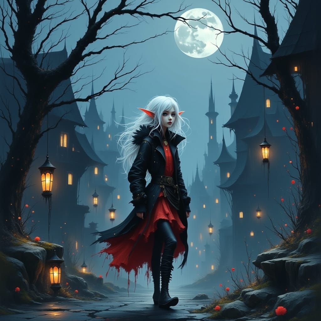 Lost Elf in Spooky Town, Frazetta and Mead Style