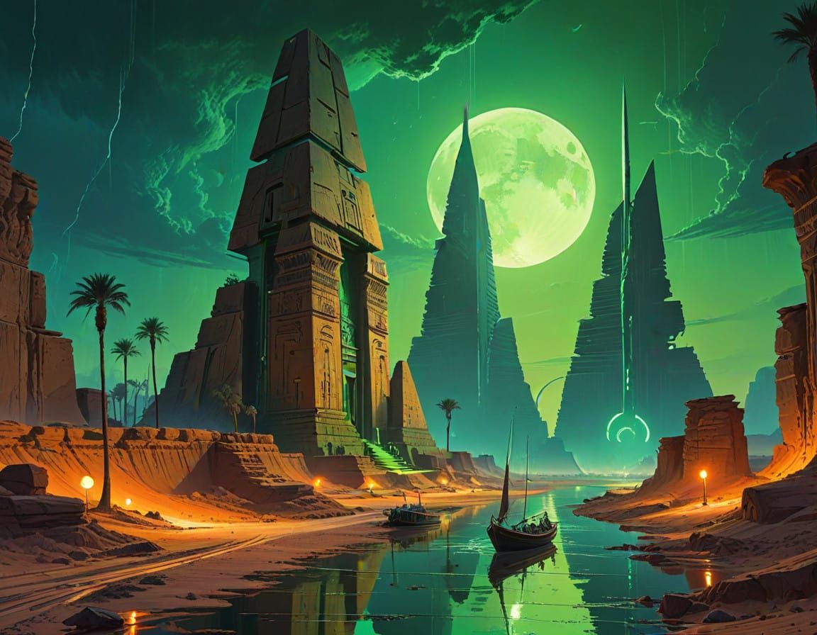 The ancient Egyptian city of Sekh-Atem between a river and desert dunes under green sky with lightning and moons.