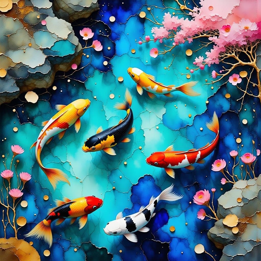 Whimsical Koi Pond in Turquoise and Royal Blue