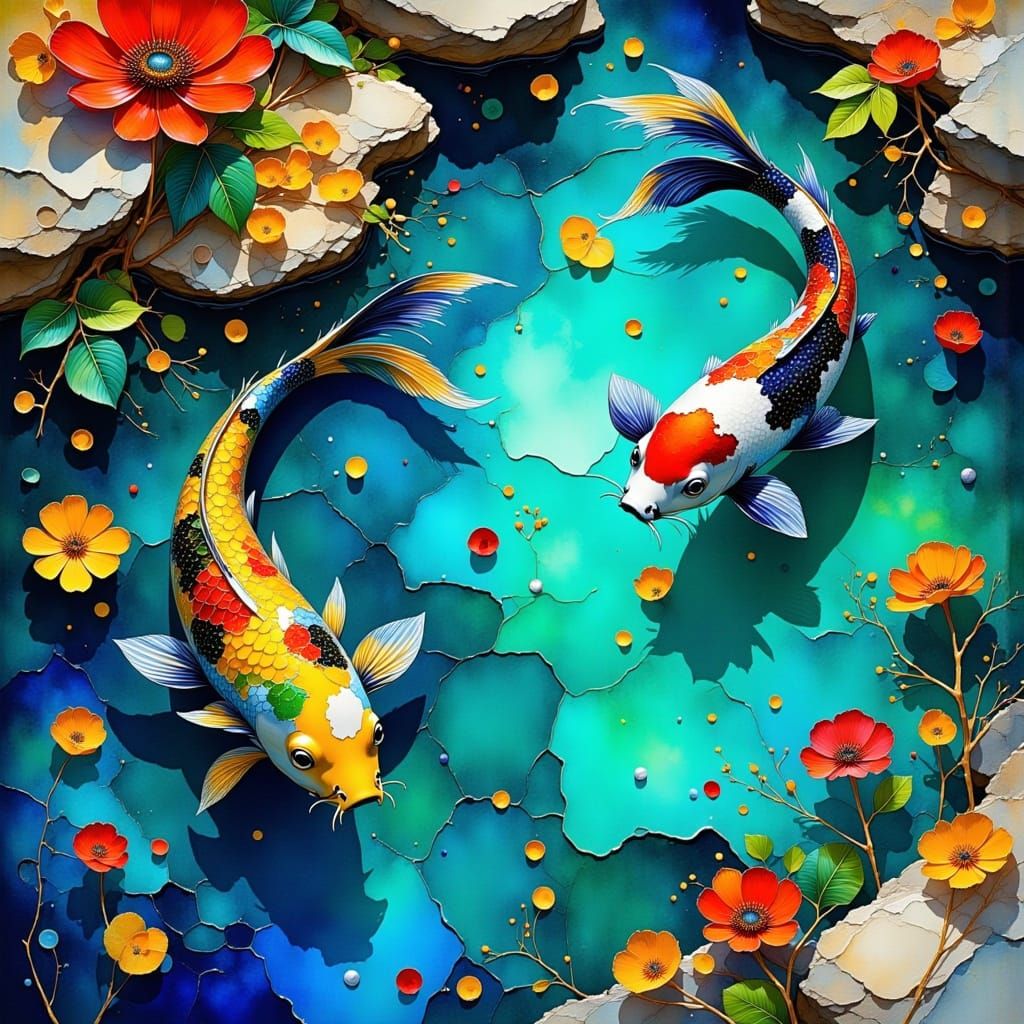Whimsical Koi Dance in a Turquoise Pond