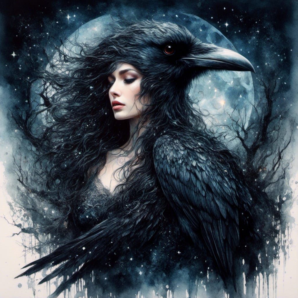 The Morrigan: Raven Shape Shifter in Watercolor
