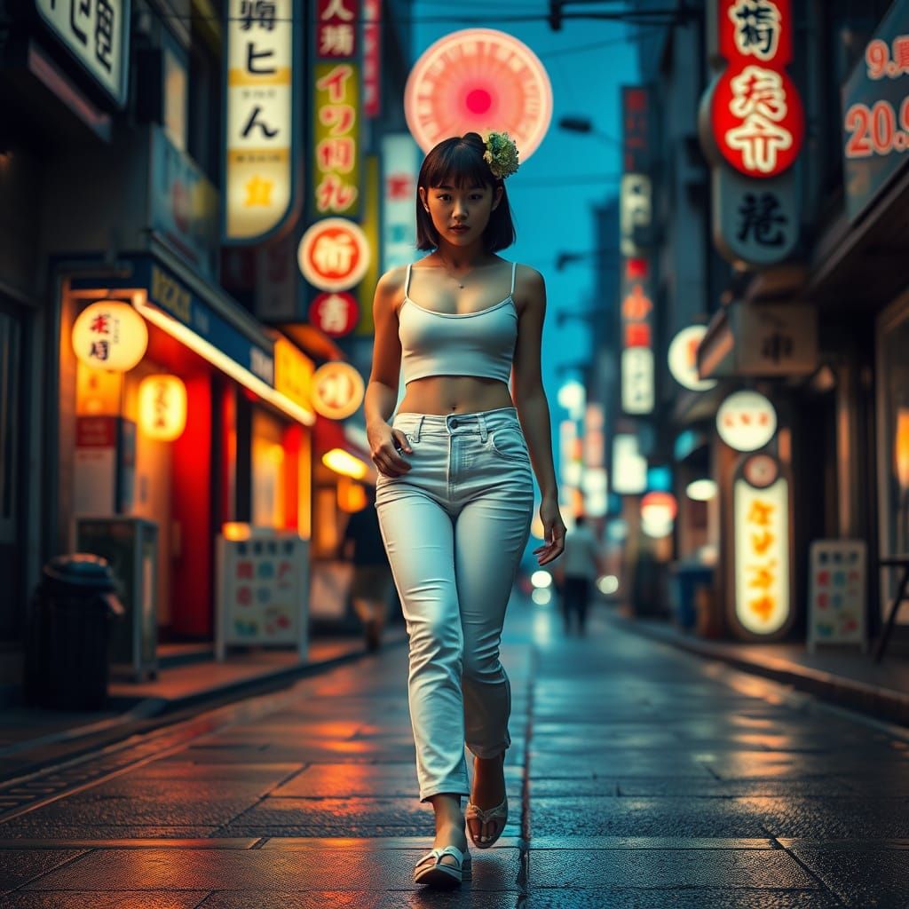 Geisha in Tokyo Street with Neon Lights
