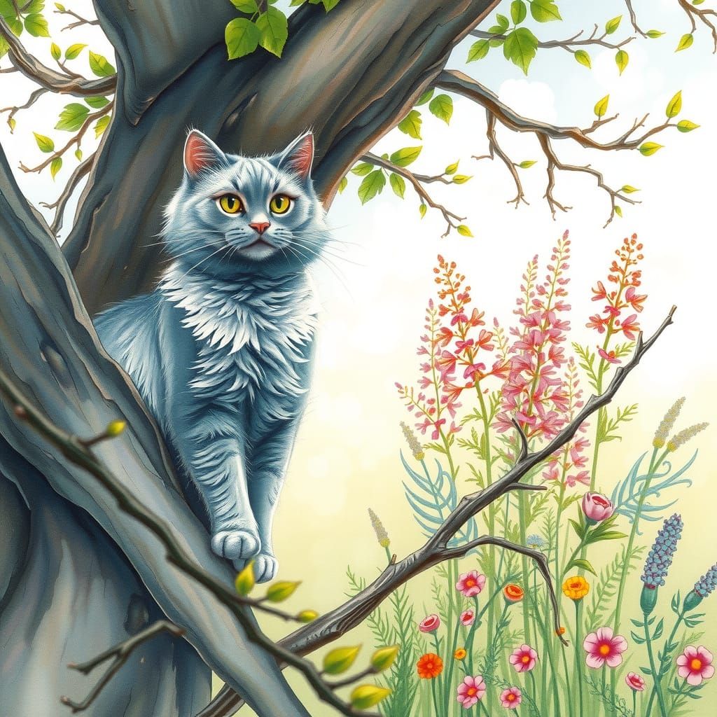 Russian Blue Cat Climbing Tree Watercolor Painting