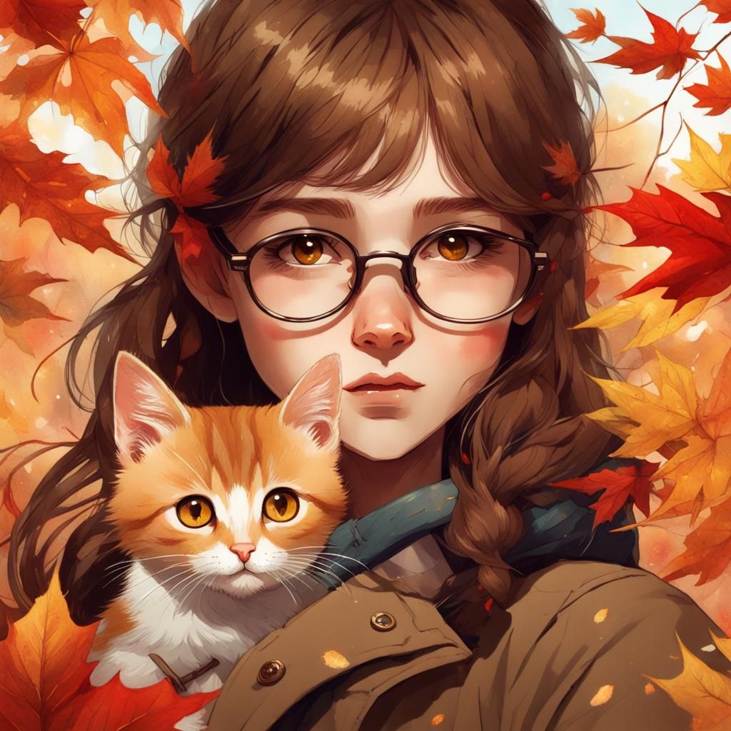 Girl with Kitten in Autumn Leaves, Aquarelle Style
