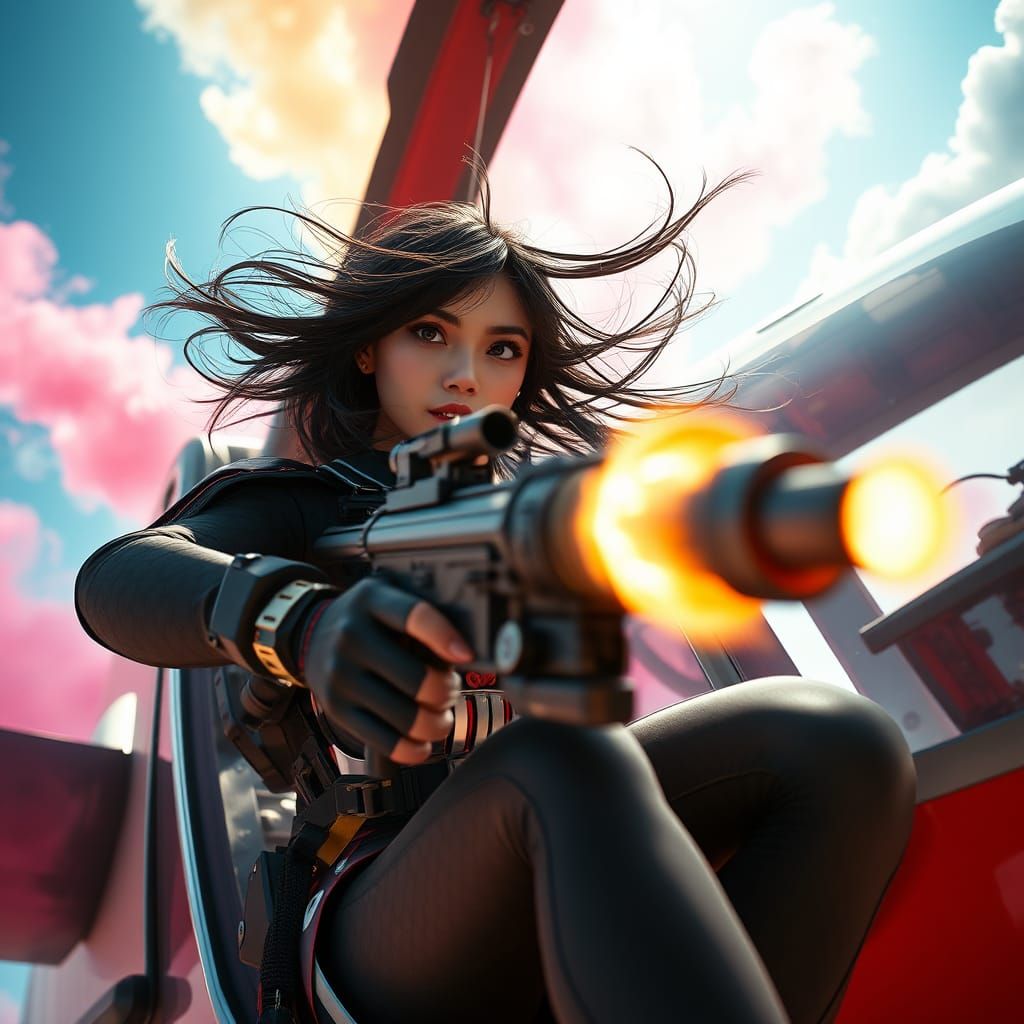 Cosplay Asian Woman Descending from Futuristic Helicopter