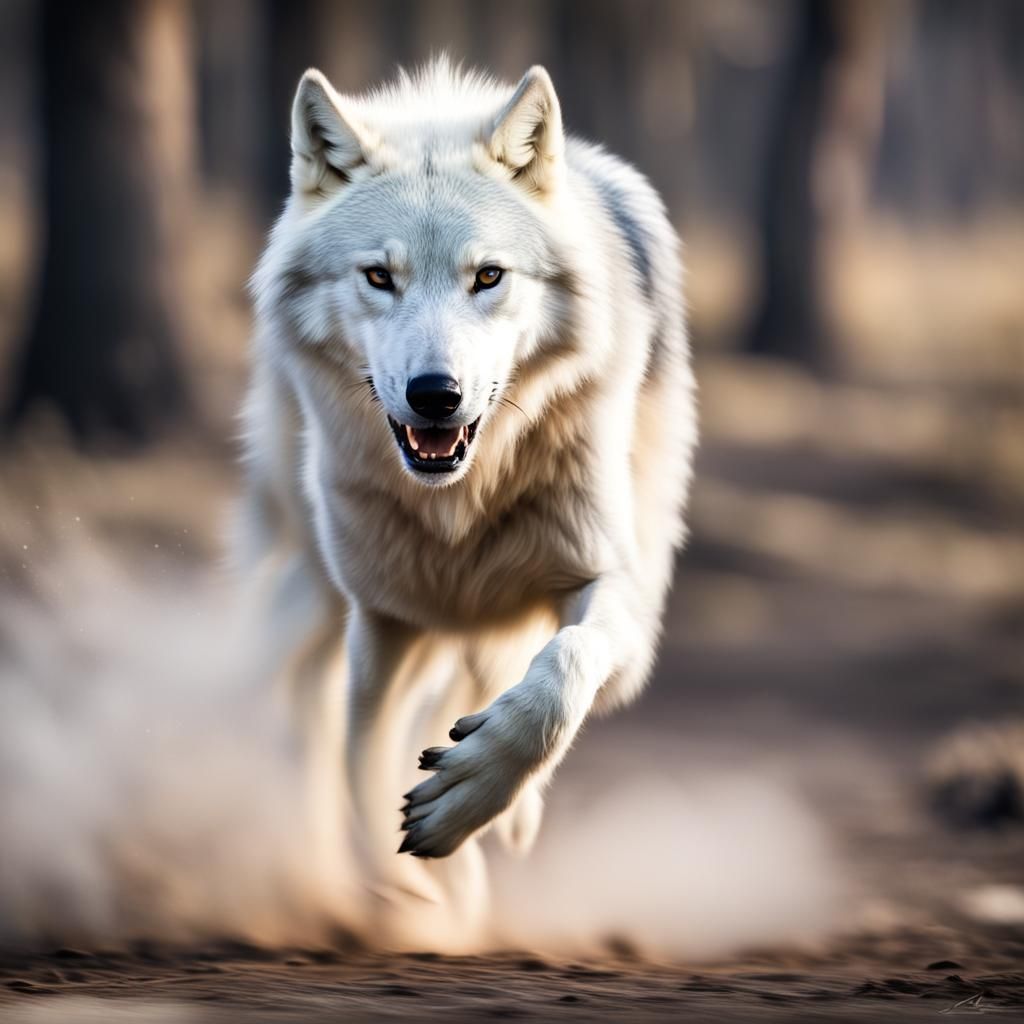 White Wolf Running with Determination