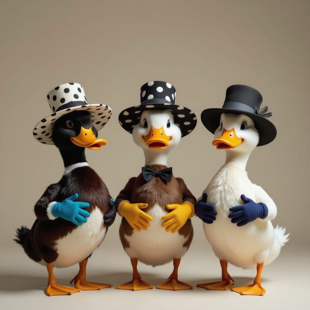 Three Ducks in Dotted Hats and Gloves