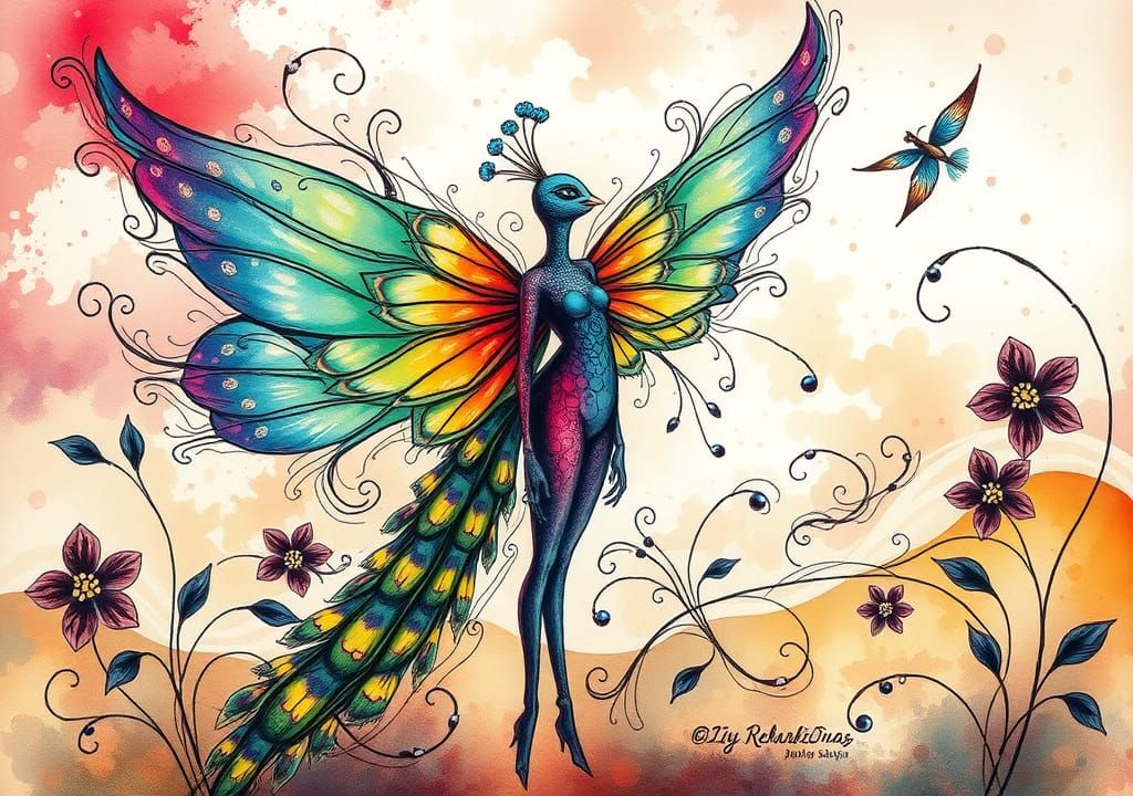 Peacock Fairy in Alcohol Ink Illustration Style