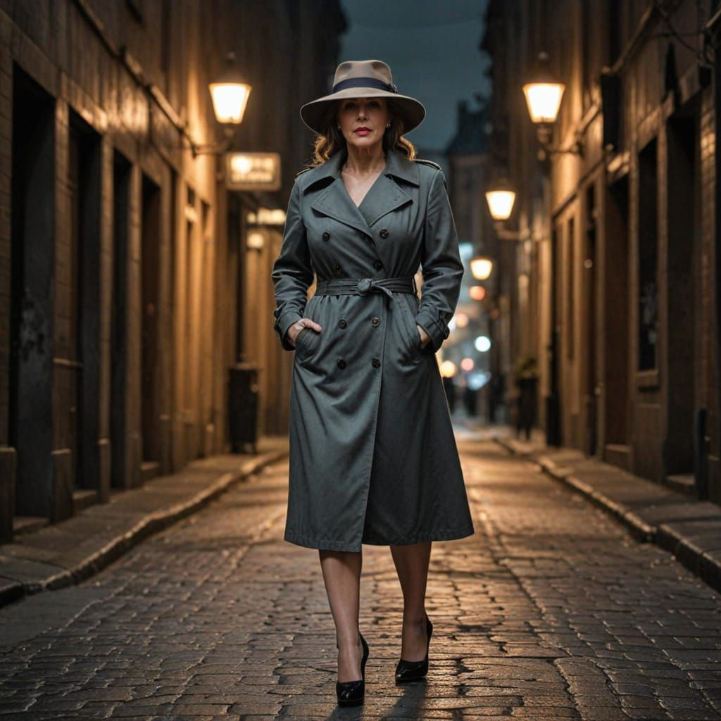 Curvy Woman in Fedora Walking Dark Street