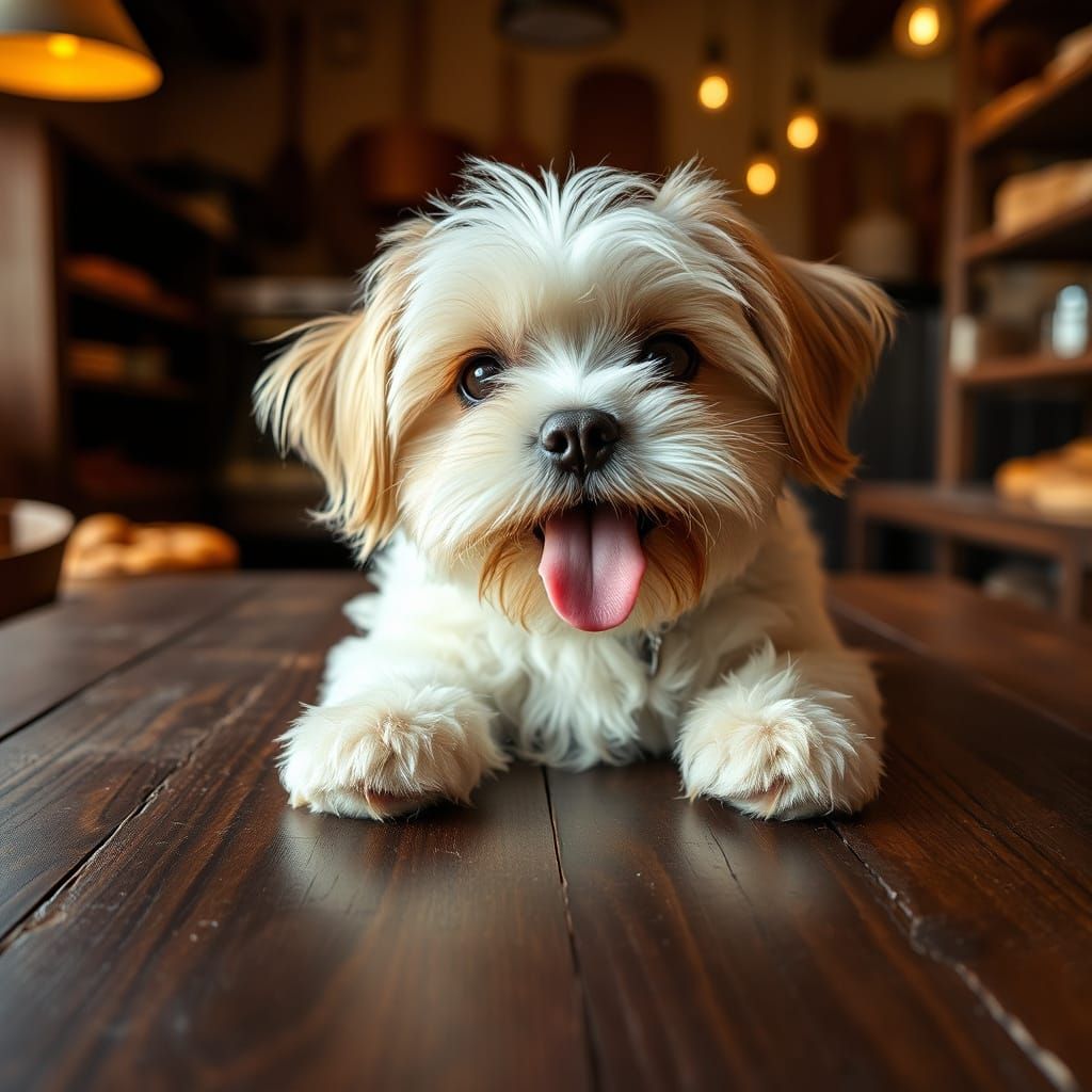 Cozy Shih Tzu Mix on Wooden Table in Bakery