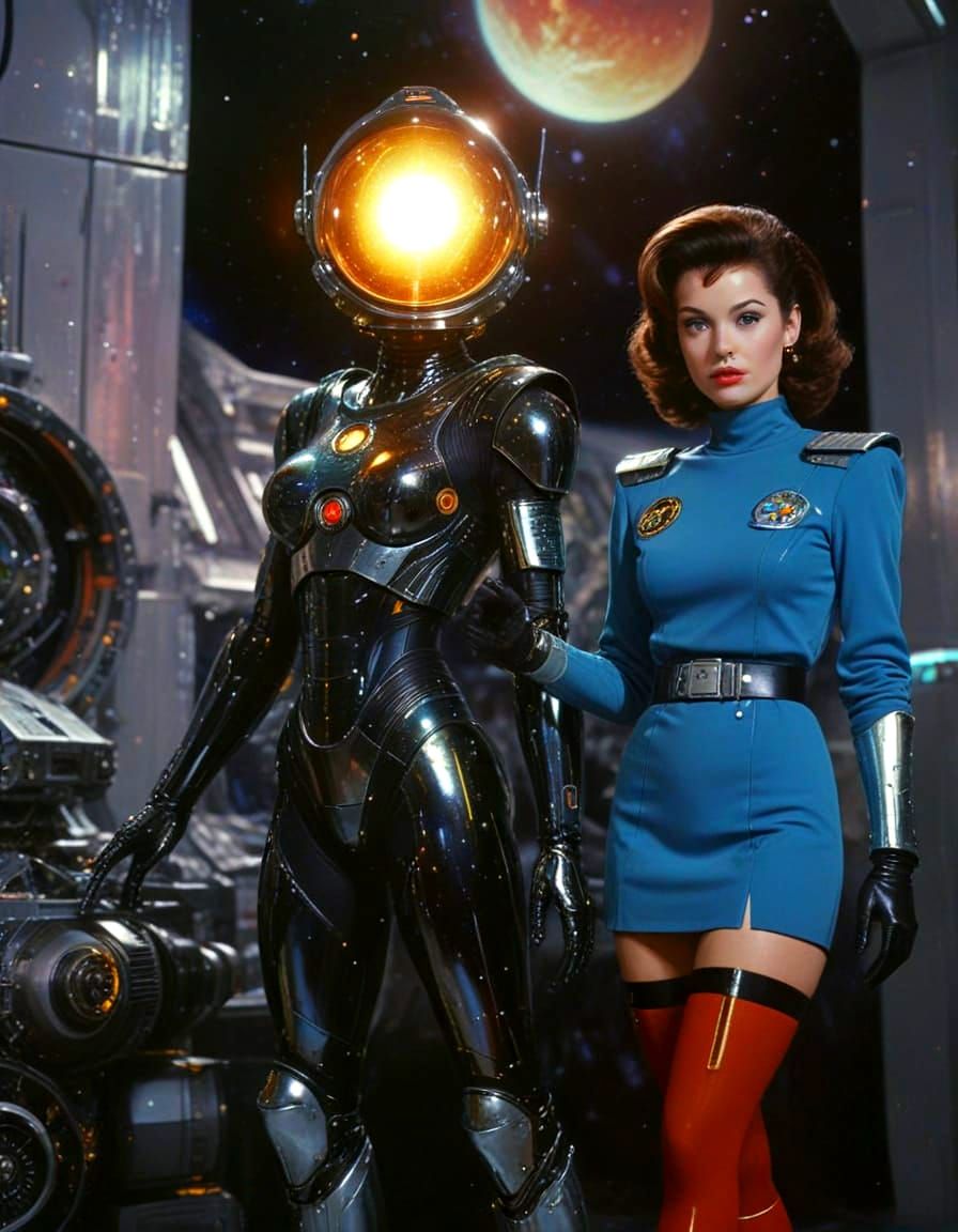 Retro Sci-Fi Space Cadet with Robot Companion