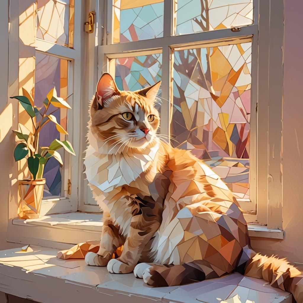 Cat in Window: Whimsical Low-Poly Art